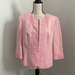 Dressbarn Pink Linen Blend Blazer Small Crochet Lace Open Front Pastel Jacket